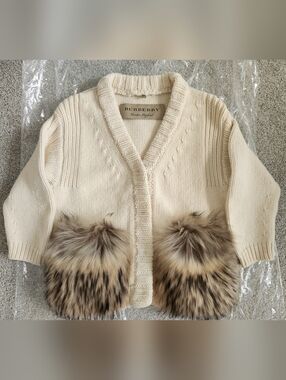 Burberry Vintage Wool Cashmere Cardigan With Real Raccoon Fir Trim Size XS